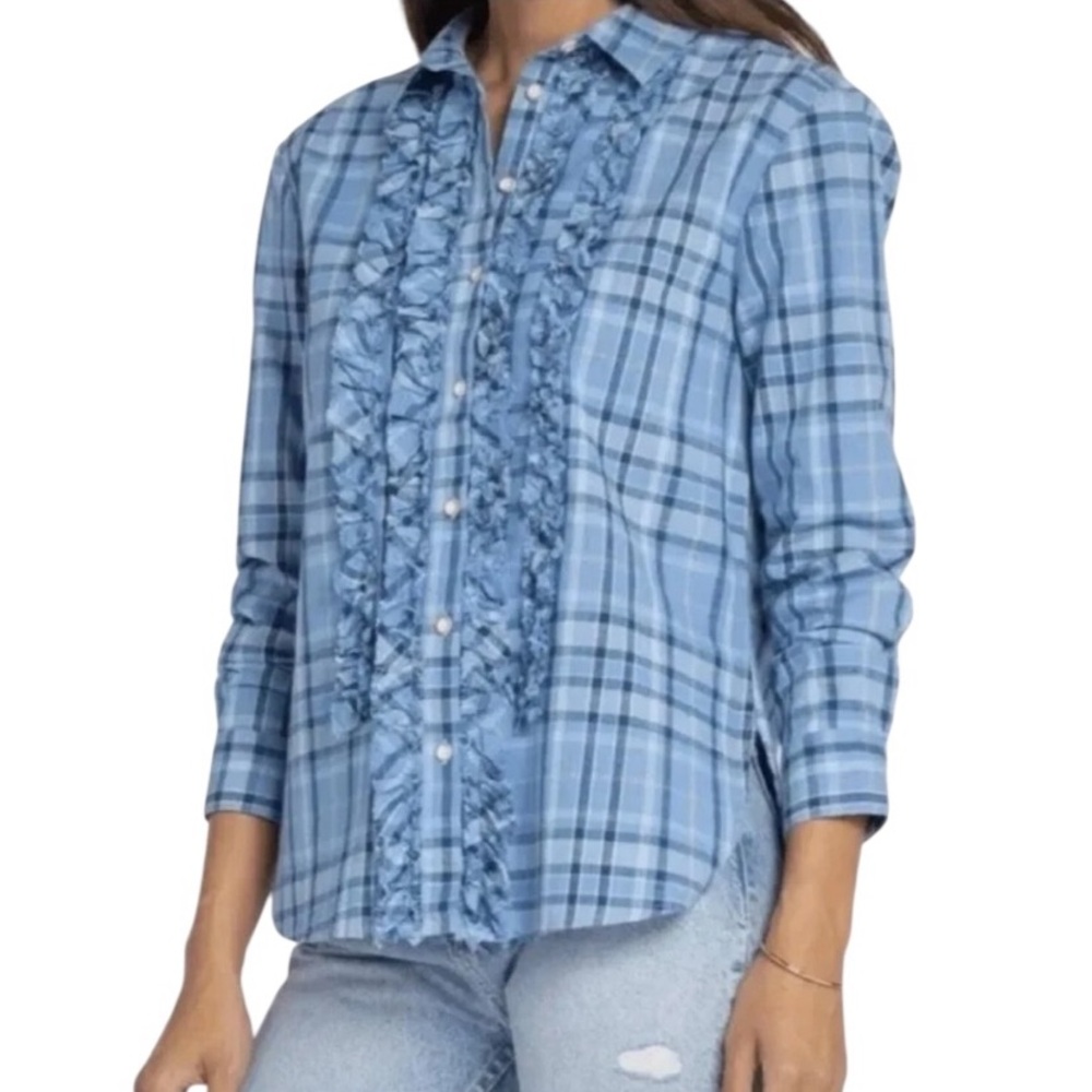 Anthropologie Pilcro Blue Plaid Print Ruffled Button Down Shirt - S